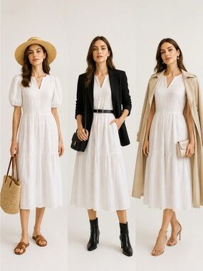 Caslon White Tiered Midi Dress with Puff Sleeves